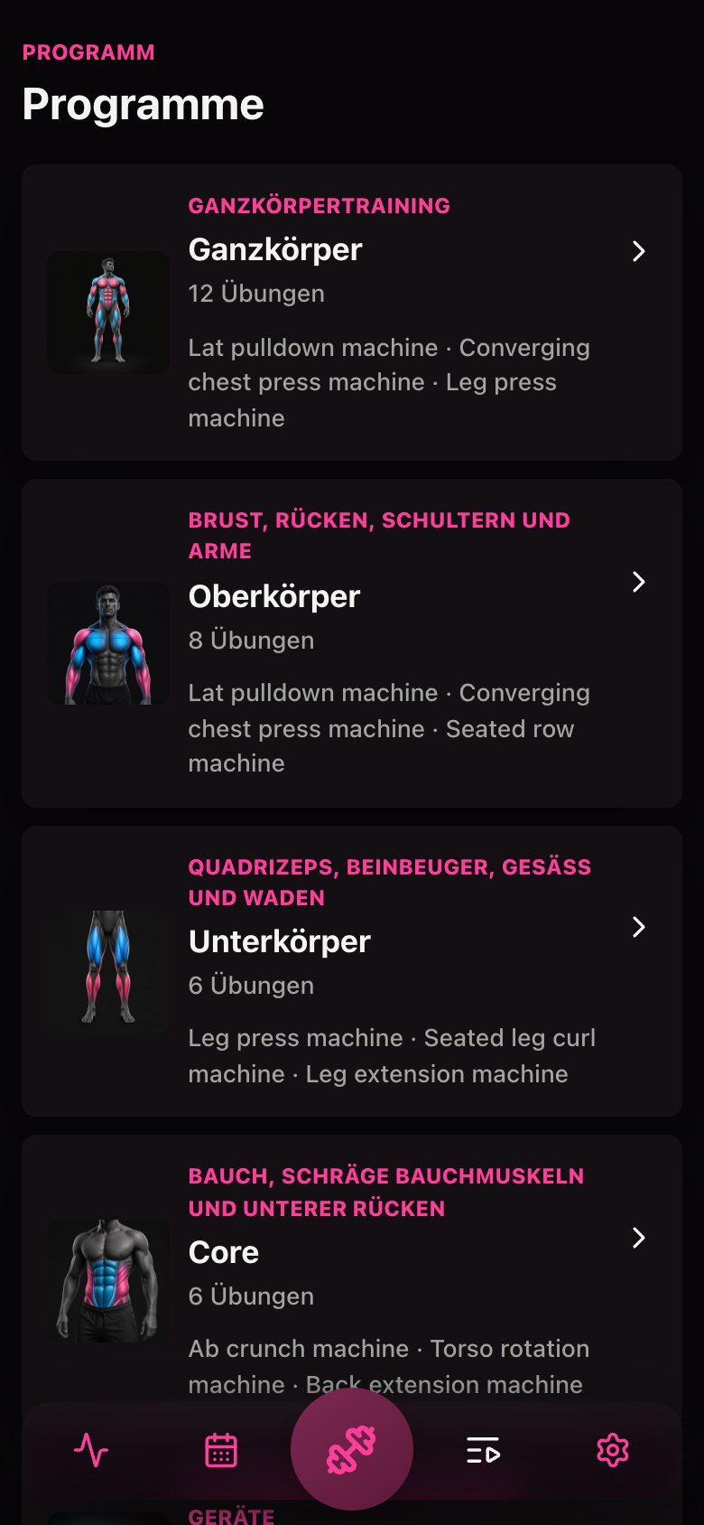 Fitgirl-Programmübersicht mit Full Body-, Upper Body-, Lower Body- und Core-Workouts