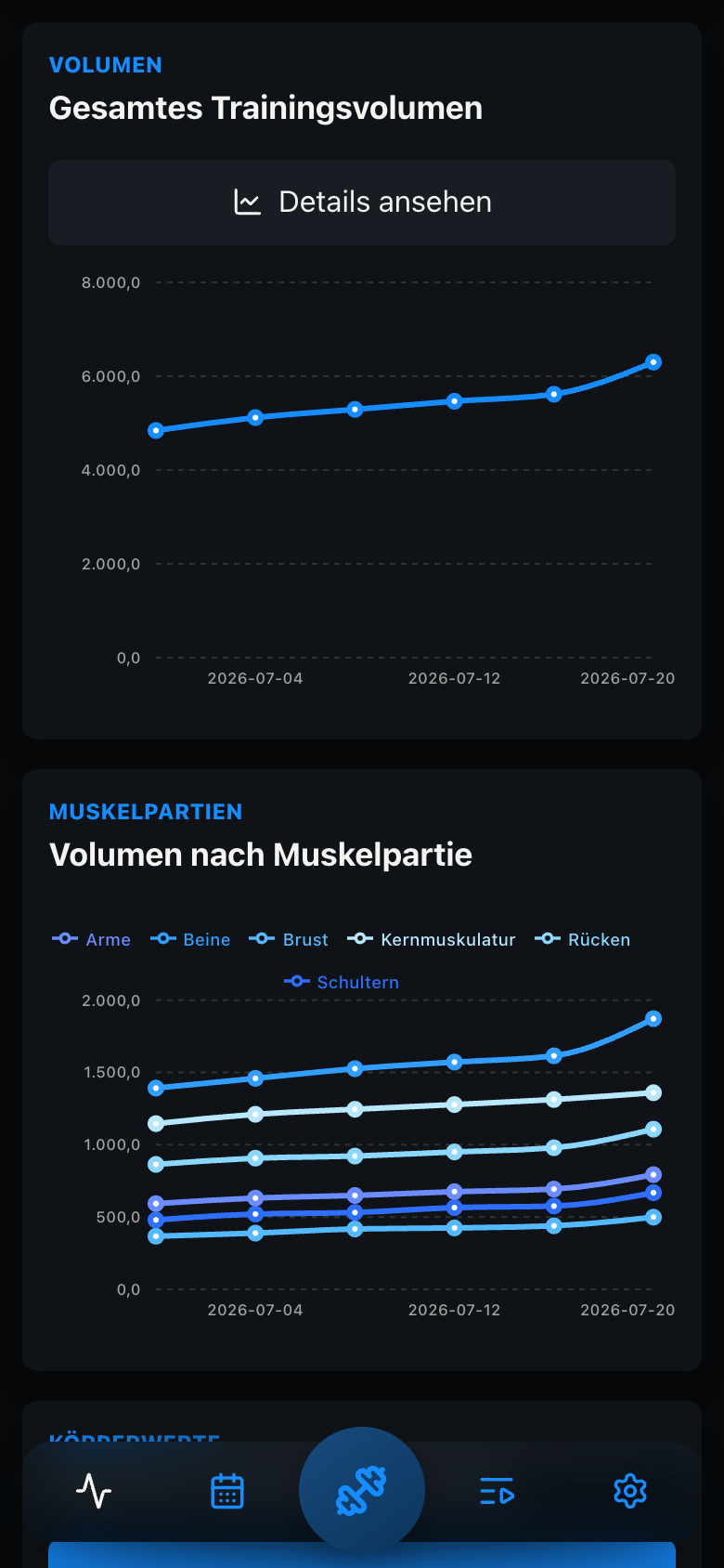 Diagramme für Gesamtvolumen und Volumenn nach Muskelgruppe